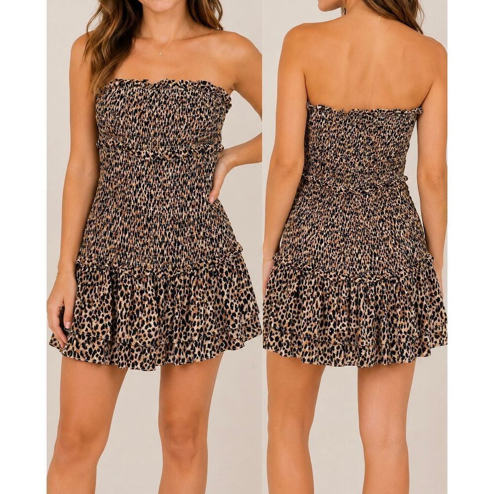 American Eagle Leopard Smocked Strapless Mini Dress XL Y2K